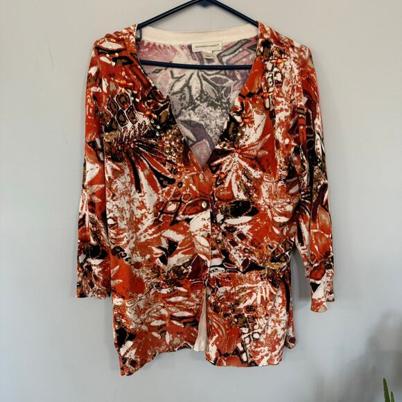 Christopher & Banks Button Down Cardigan Sweater Size Large Orange Brown White - Picture 1 of 7